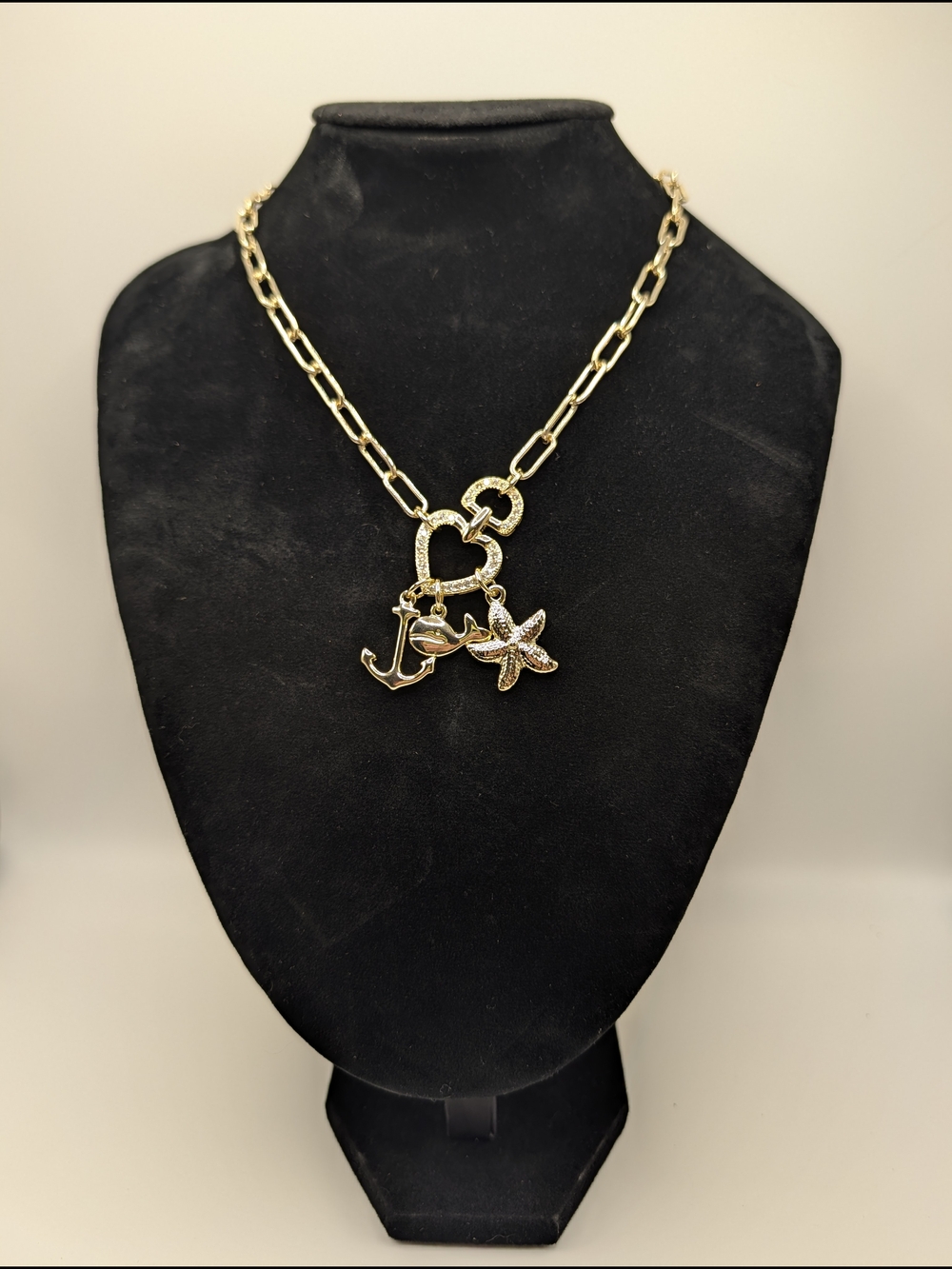 24k Gold Plate Anchor Whale Starfish Charm Necklace With CZ & Paperclip Chain - Picture 1 of 3